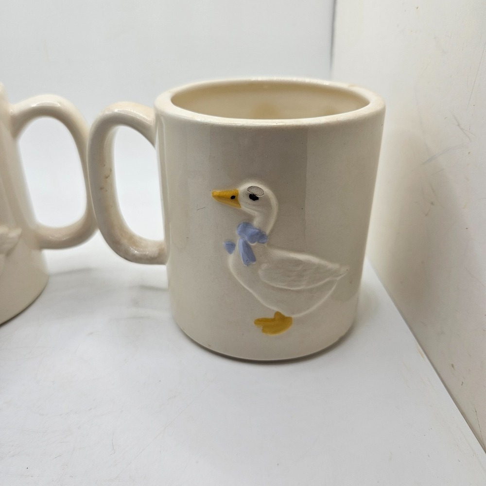 Vintage Ceramic Goose Mugs Set of 2 Raised Geese Blue Bows Cottagecore - Picture 2 of 10